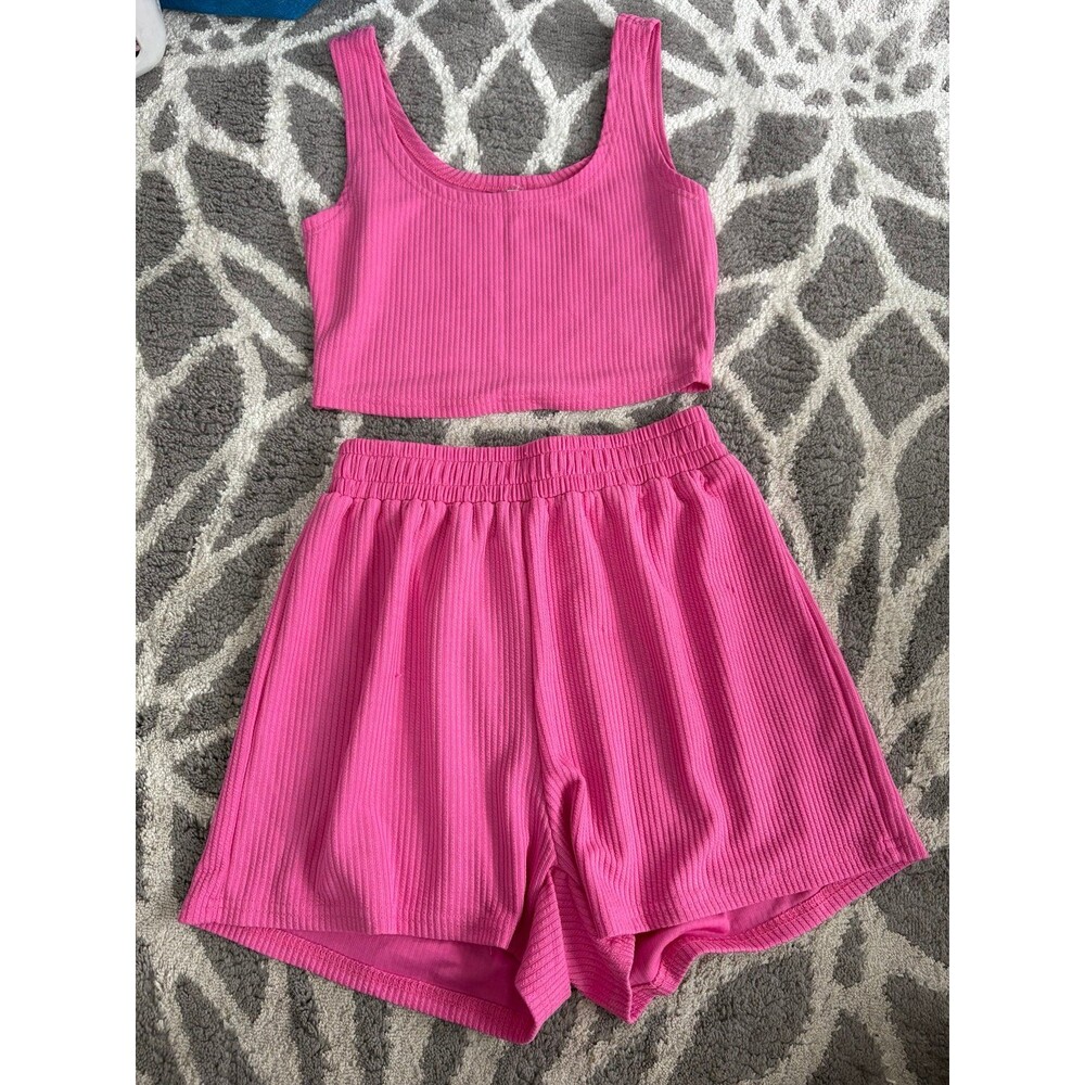 Hot Pink Ribbed Matching Lounge Set